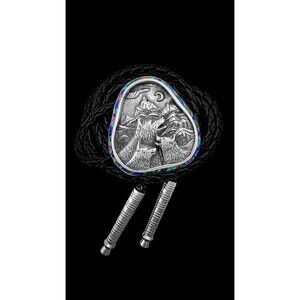 925 Sterling Silver Mixed Gemstones Bolo, Howling Wolves Scene Design,...